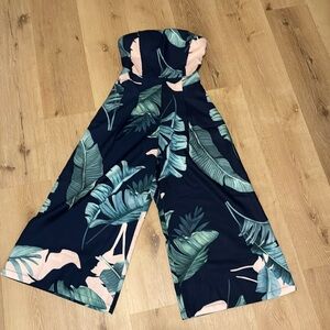 Strapless palm print jump suit